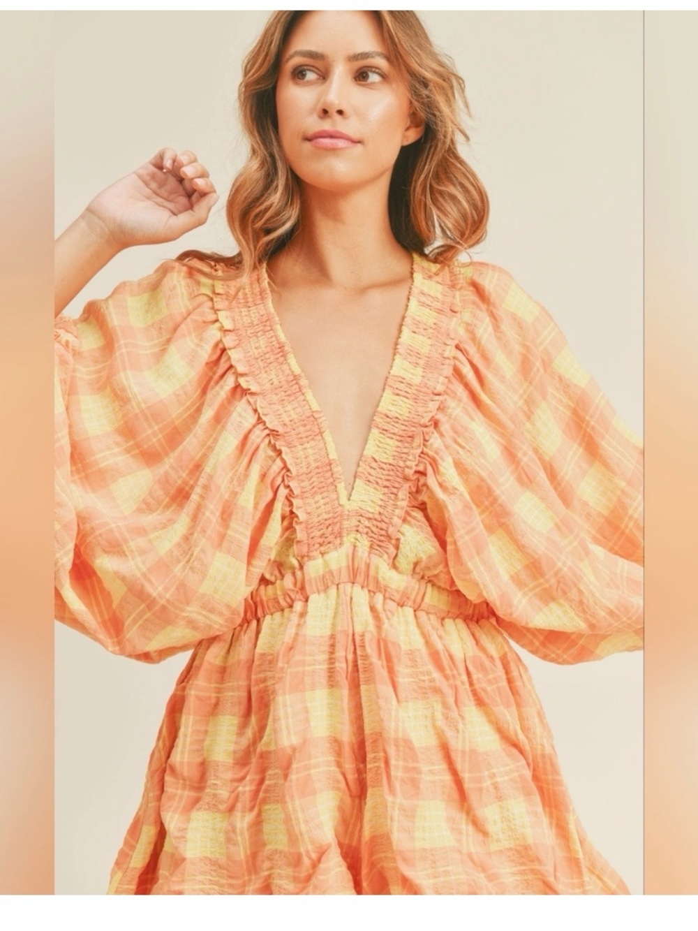 Women's Smocked V-Neck Romper - Lantern Balloon Sleeves Orange/yellow